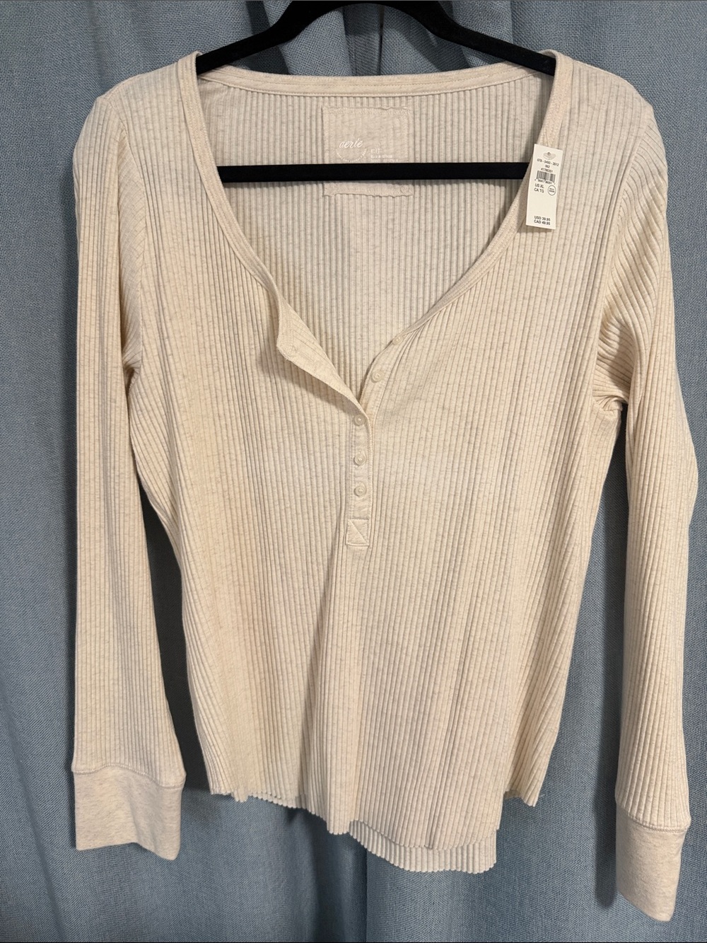 aerie Ribbed Henley Long Sleeve Top in Light Beige